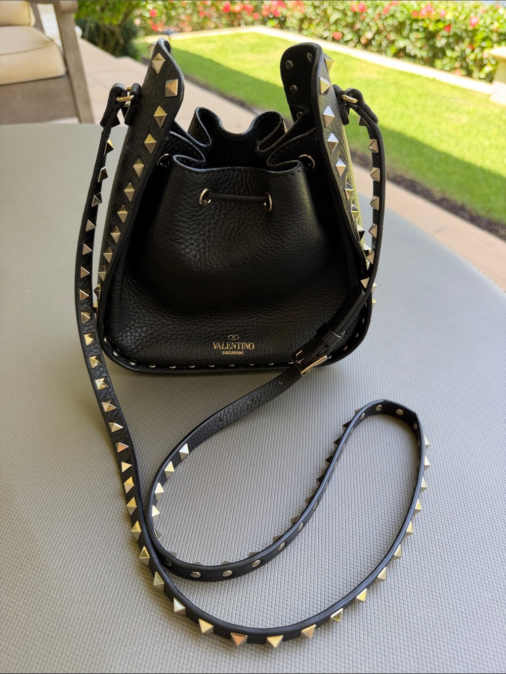 Valentino Garavani Black Leather Rockstud Drawstring Crossbody